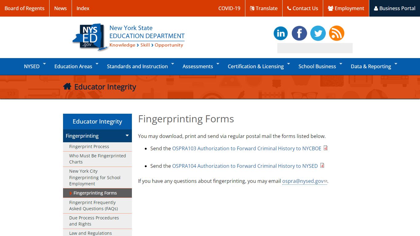 Fingerprinting Forms | New York State Education Department